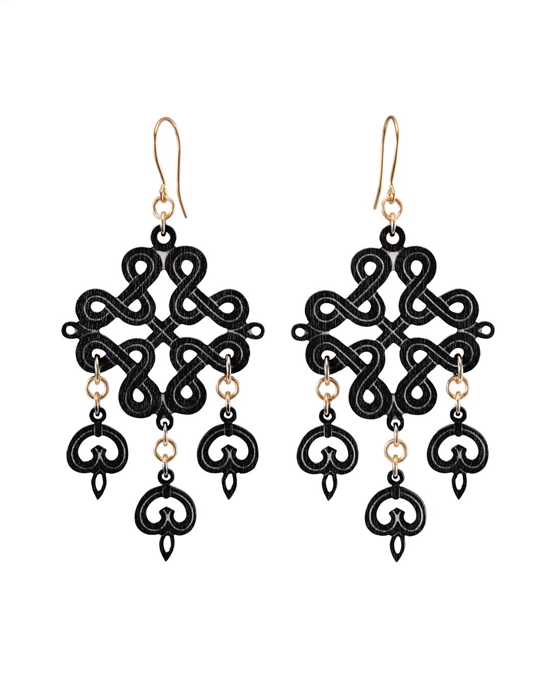 Karelian Plaited Ribbon Motif Plywood Earrings Black